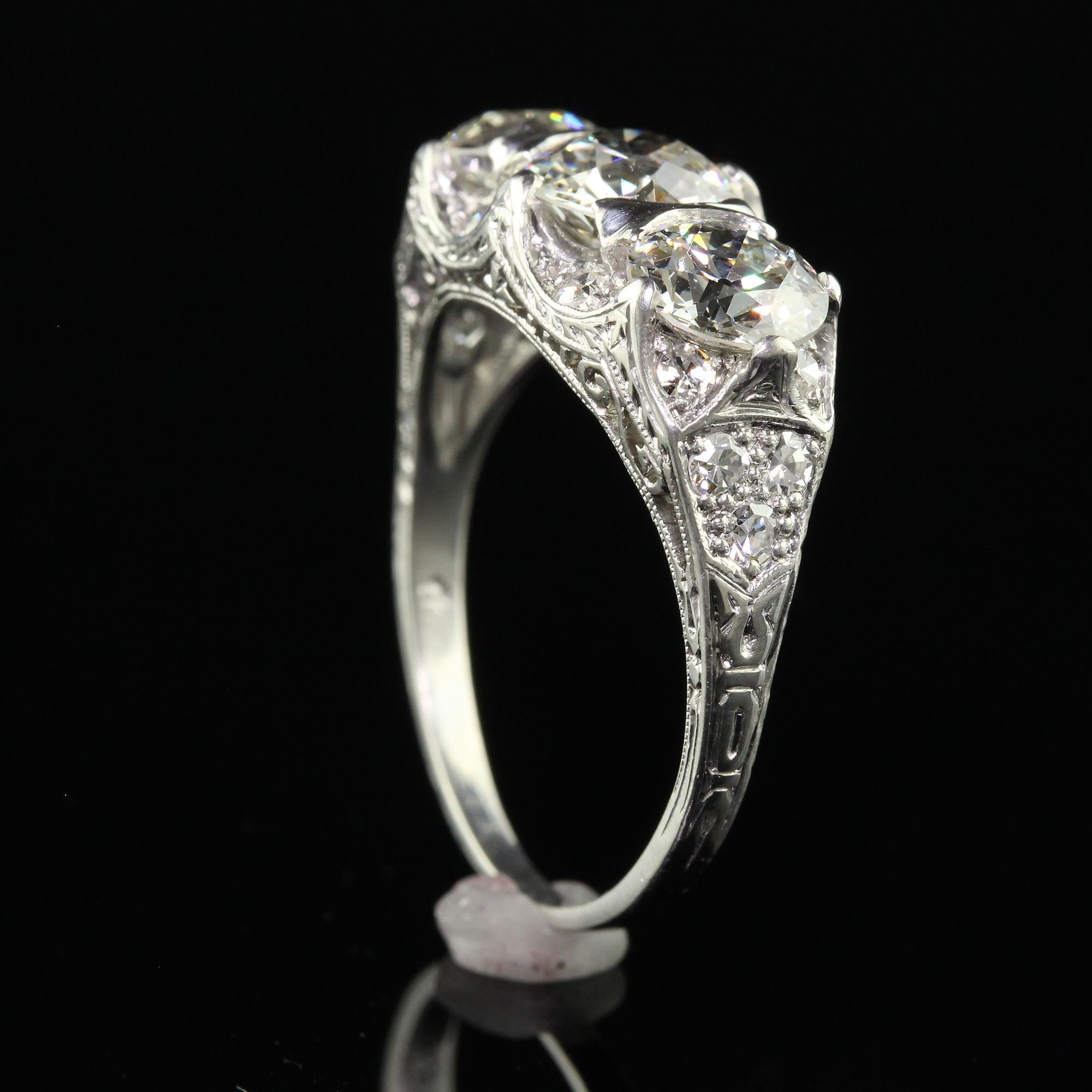 Antique Maurice Tishman Art Deco Platinum Old Euro Three Stone Filigree Ring GIA 4