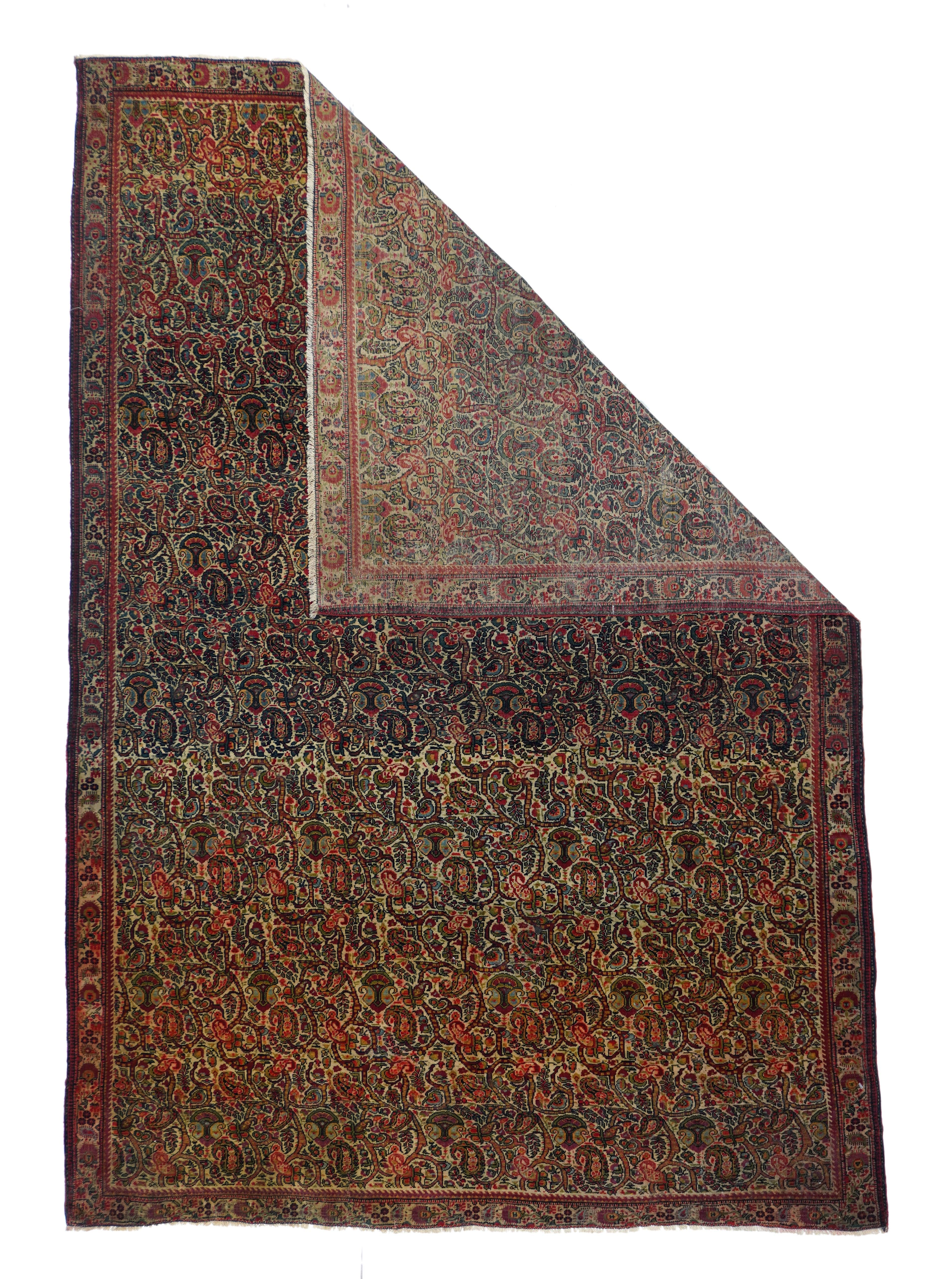 Antique Mayaler 4'3'' x 6'5''. This west Persian, well-woven scatter on cotton features a well-covered cream field with staghorn botehs and pelta-like devices incorporating smaller botehs. Narrow ecru border with palmettes and floret arrays. The