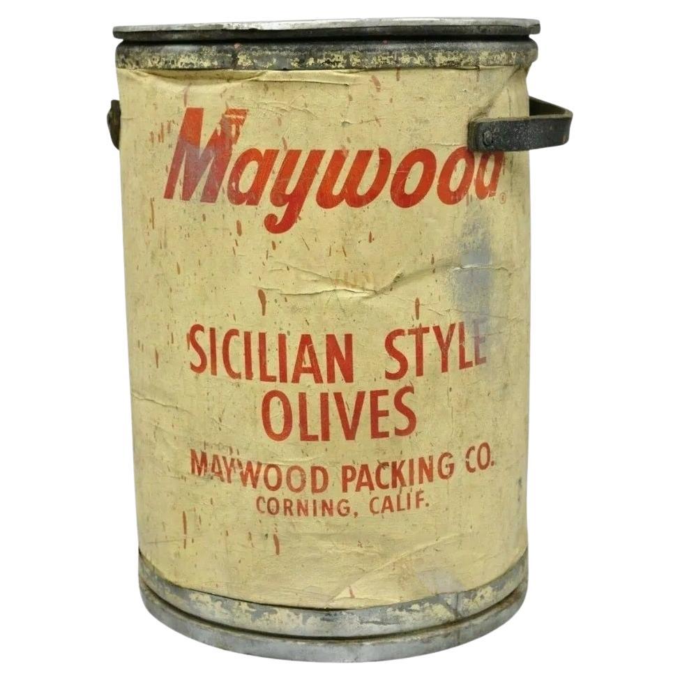 Antique Maywood Packaging Sicilian Olives Large 22" Packaging Drum Advertising For Sale