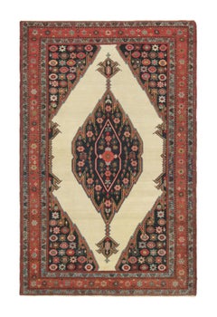 Tapis persan Mazlaghan ancien noué à la main en forme de médaillon rouge, bleu et beige