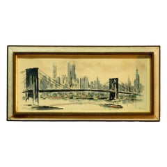 Antique MCM Watercolor Painting Of Brooklyn Bridge Skyline, Signed, 20th C