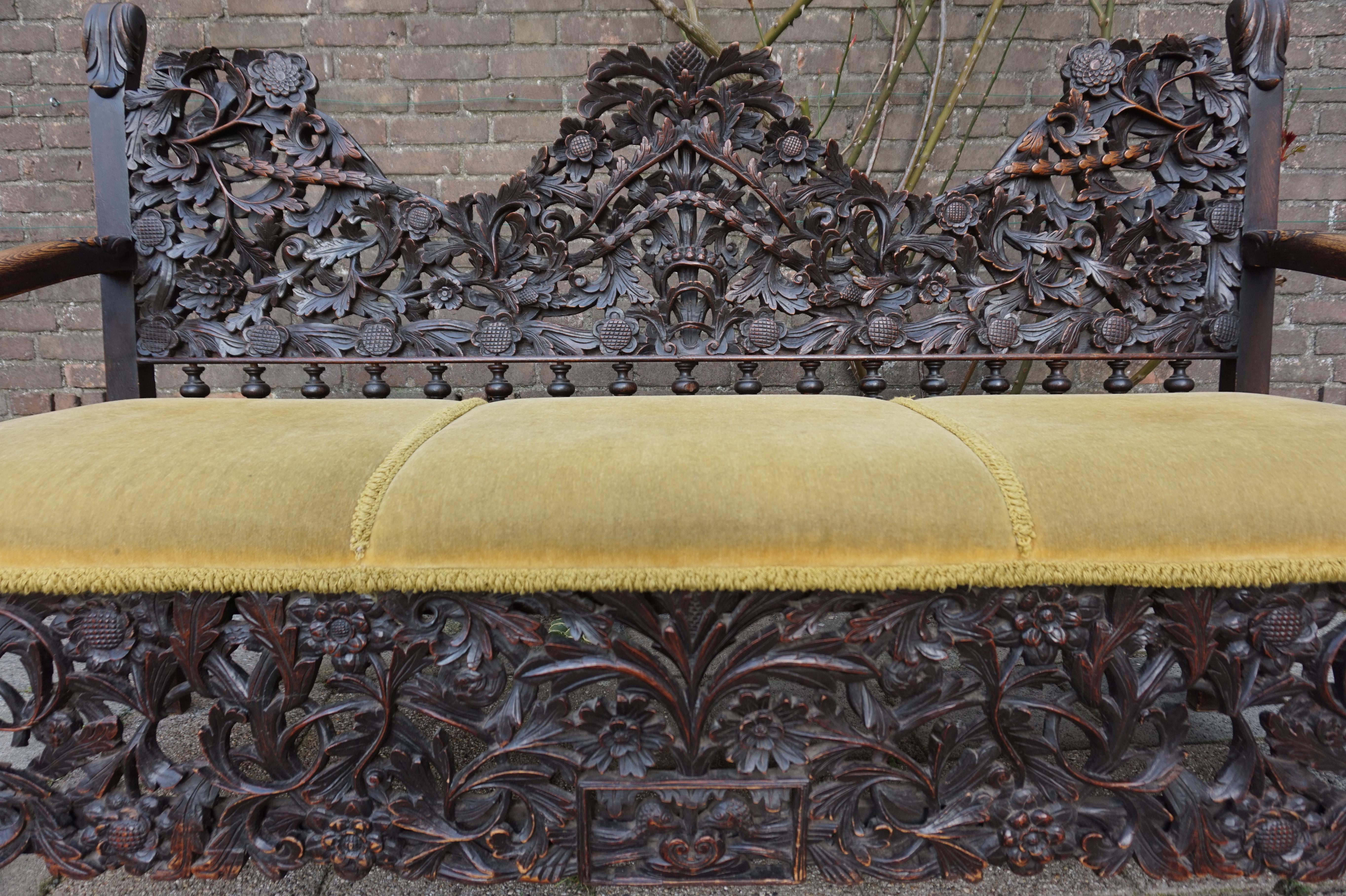 Antique & Meaningful Hand Carved Colonial 'East Meets West' Settee Hall Bench 9