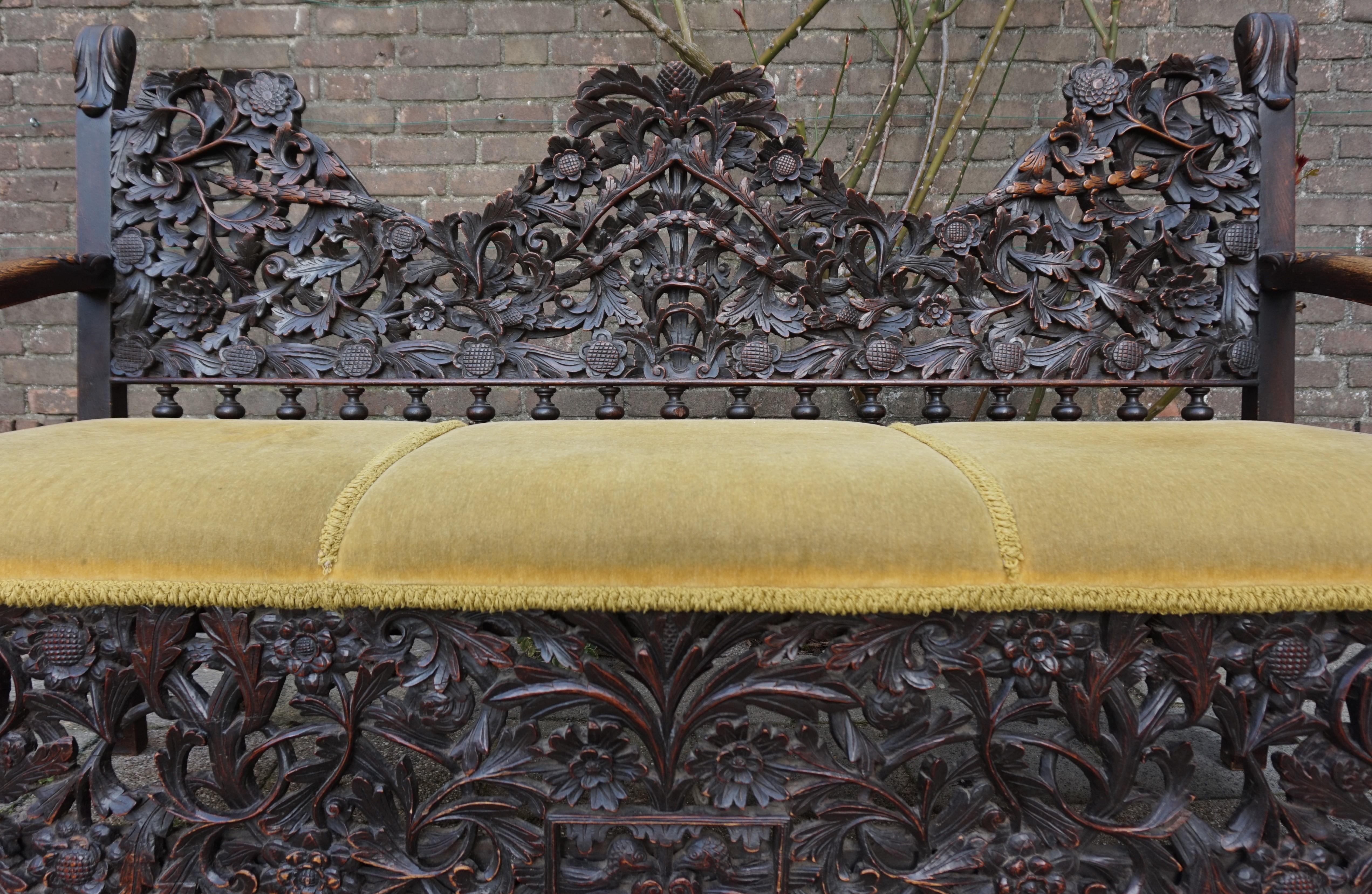 Colonial Revival Antique & Meaningful Hand Carved Colonial 'East Meets West' Settee Hall Bench