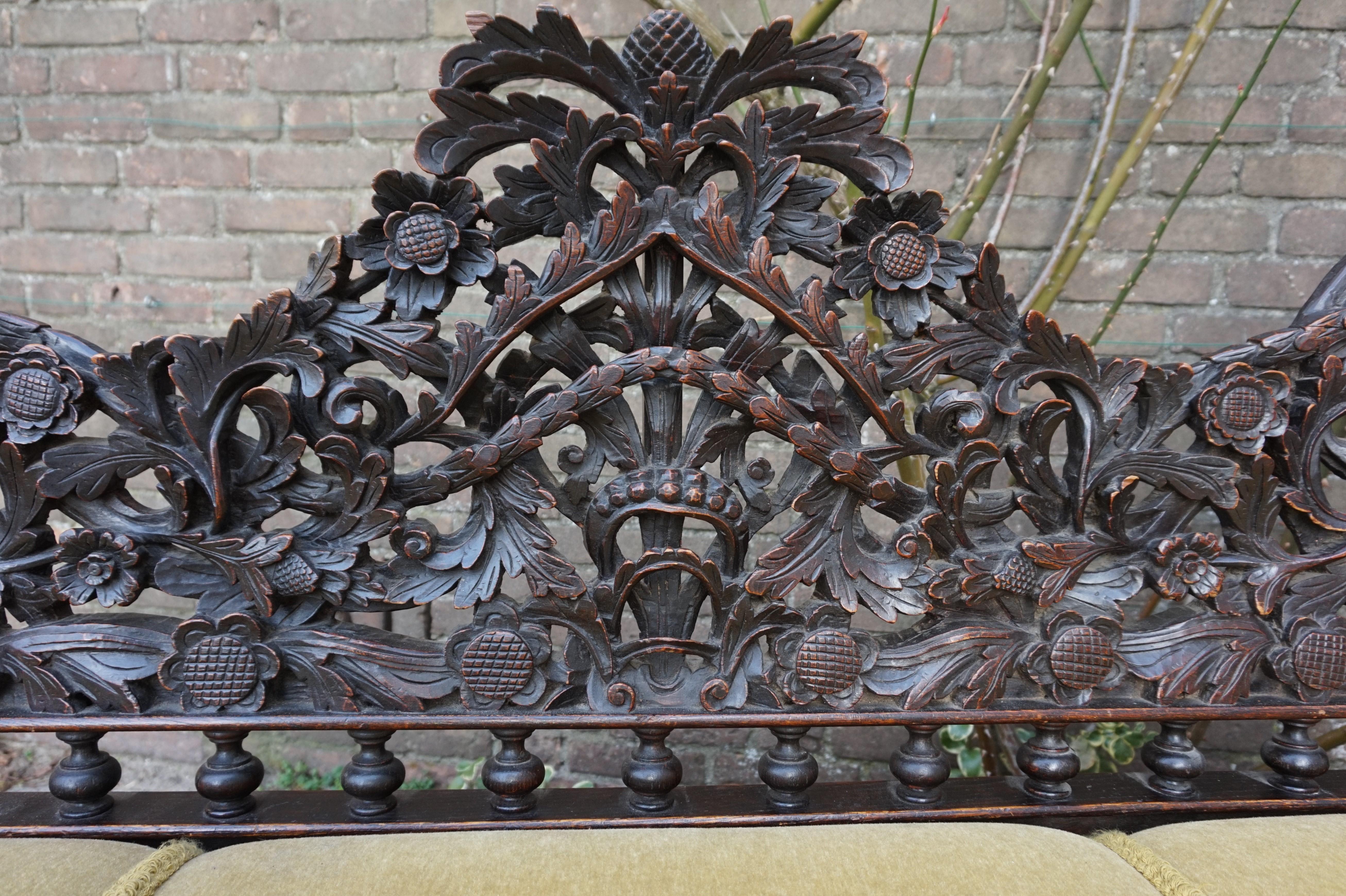Hand-Carved Antique & Meaningful Hand Carved Colonial 'East Meets West' Settee Hall Bench