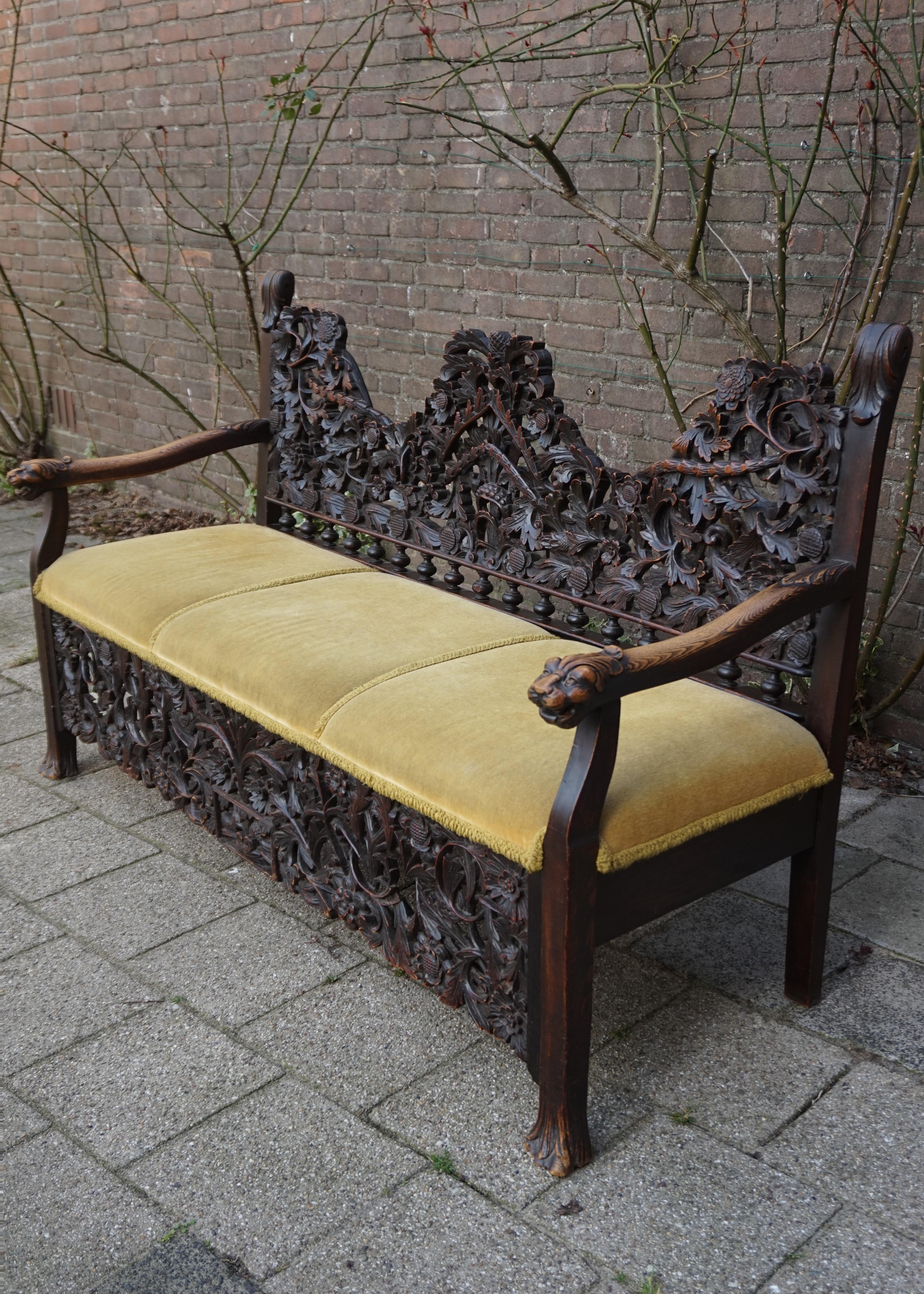 Fabric Antique & Meaningful Hand Carved Colonial 'East Meets West' Settee Hall Bench
