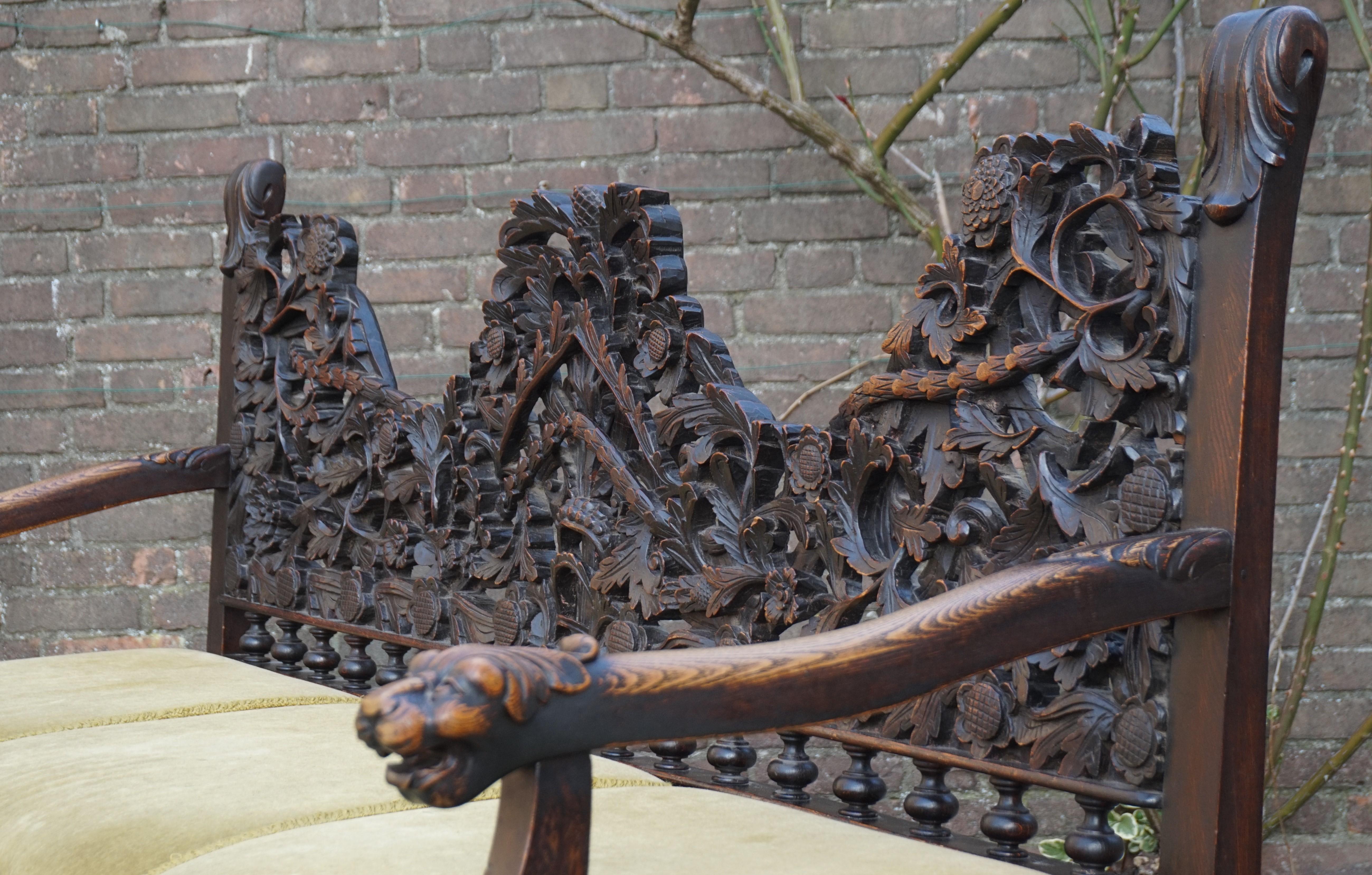 Antique & Meaningful Hand Carved Colonial 'East Meets West' Settee Hall Bench 1
