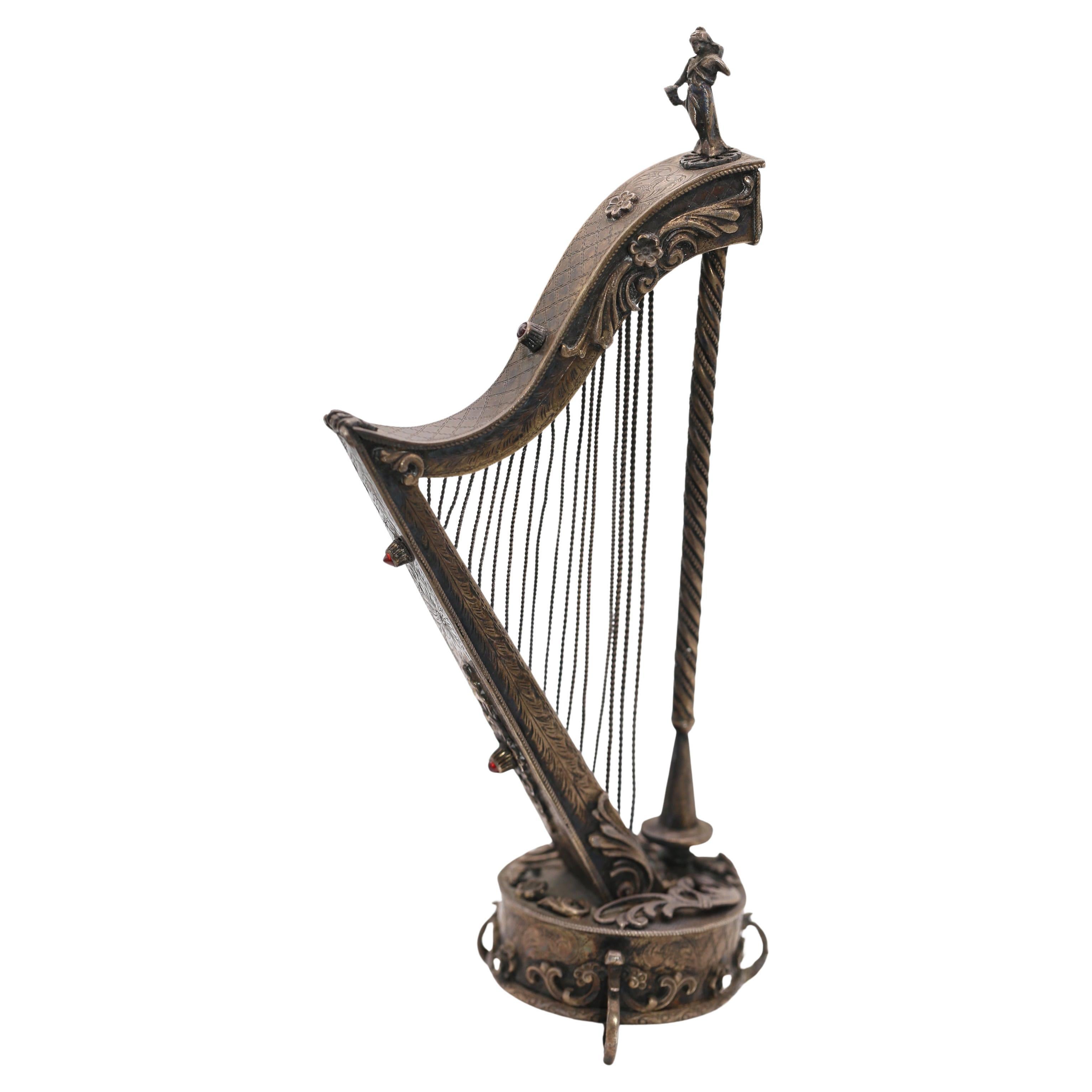 Antique Mechanical Music Box Harp Sterling Silver, 1860 For Sale