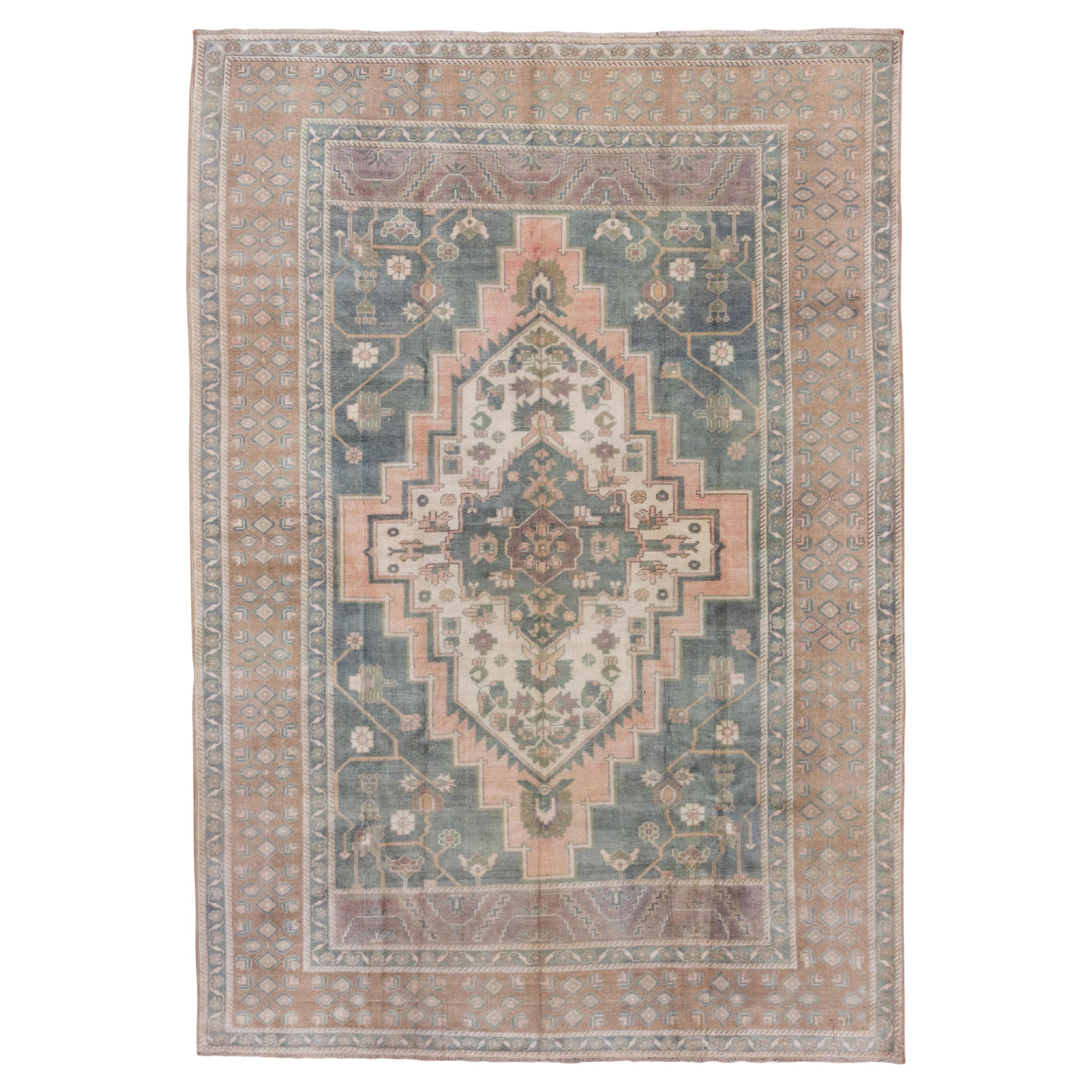 Antique Medallion Baby Pinks and Soft Greens - Turkish Oushak For Sale
