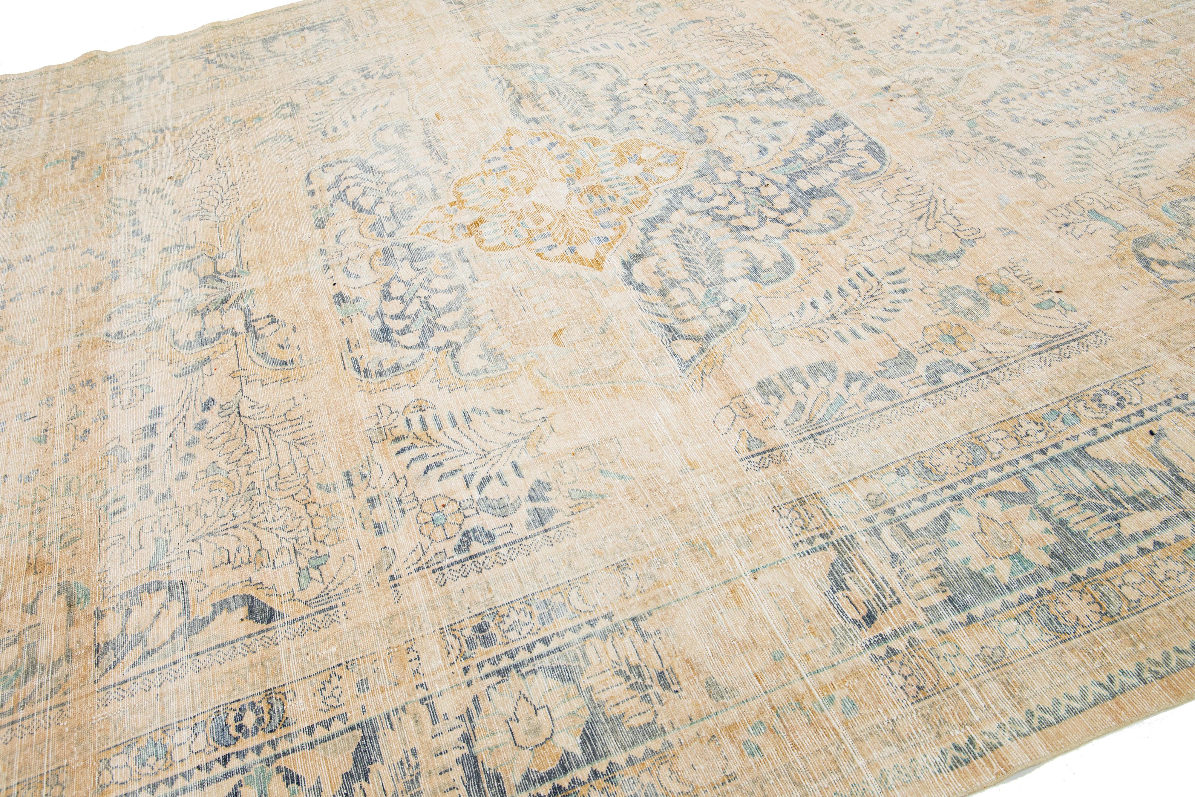 Hand-Knotted Antique Medallion Persian Malayer Beige Wool Rug HandCrafted in the 1910s For Sale