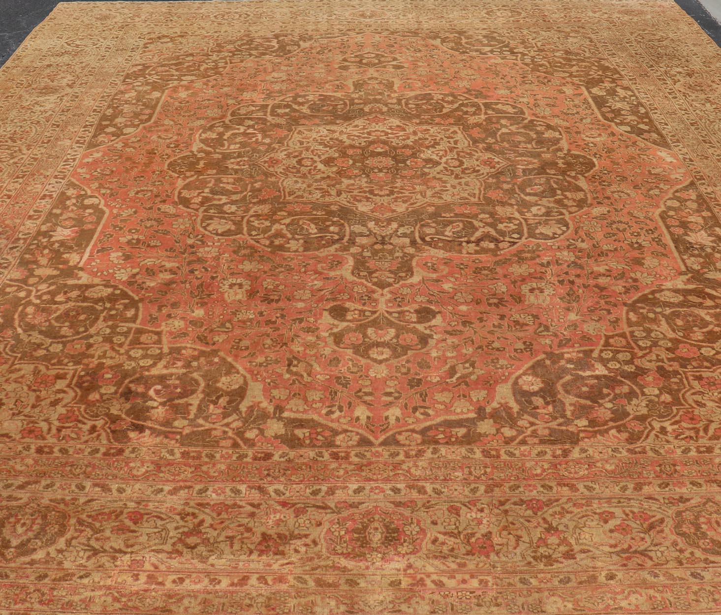 Antique Medallion Tabriz Carpet in Pink, Light Brown, Camel, Taupe, and Salmon For Sale 4