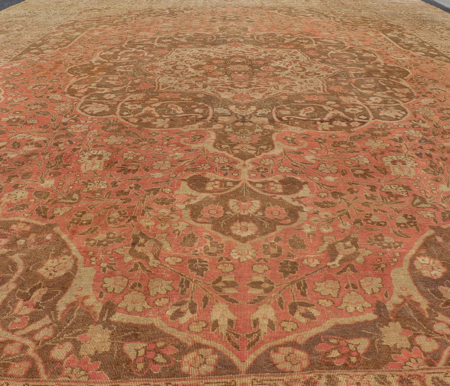 Antique Medallion Tabriz Carpet in Pink, Light Brown, Camel, Taupe, and Salmon For Sale 5