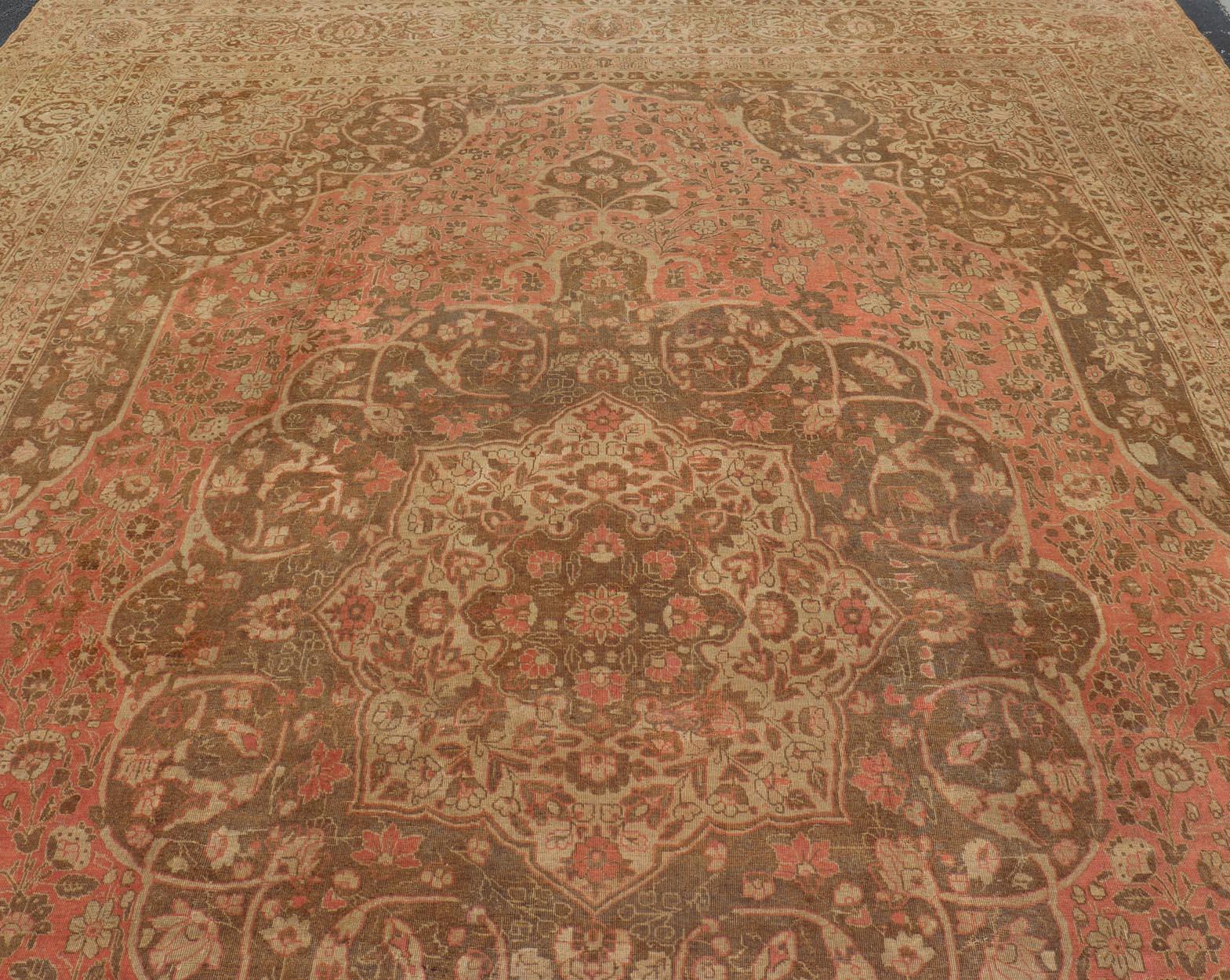 Antique Medallion Tabriz Carpet in Pink, Light Brown, Camel, Taupe, and Salmon For Sale 6