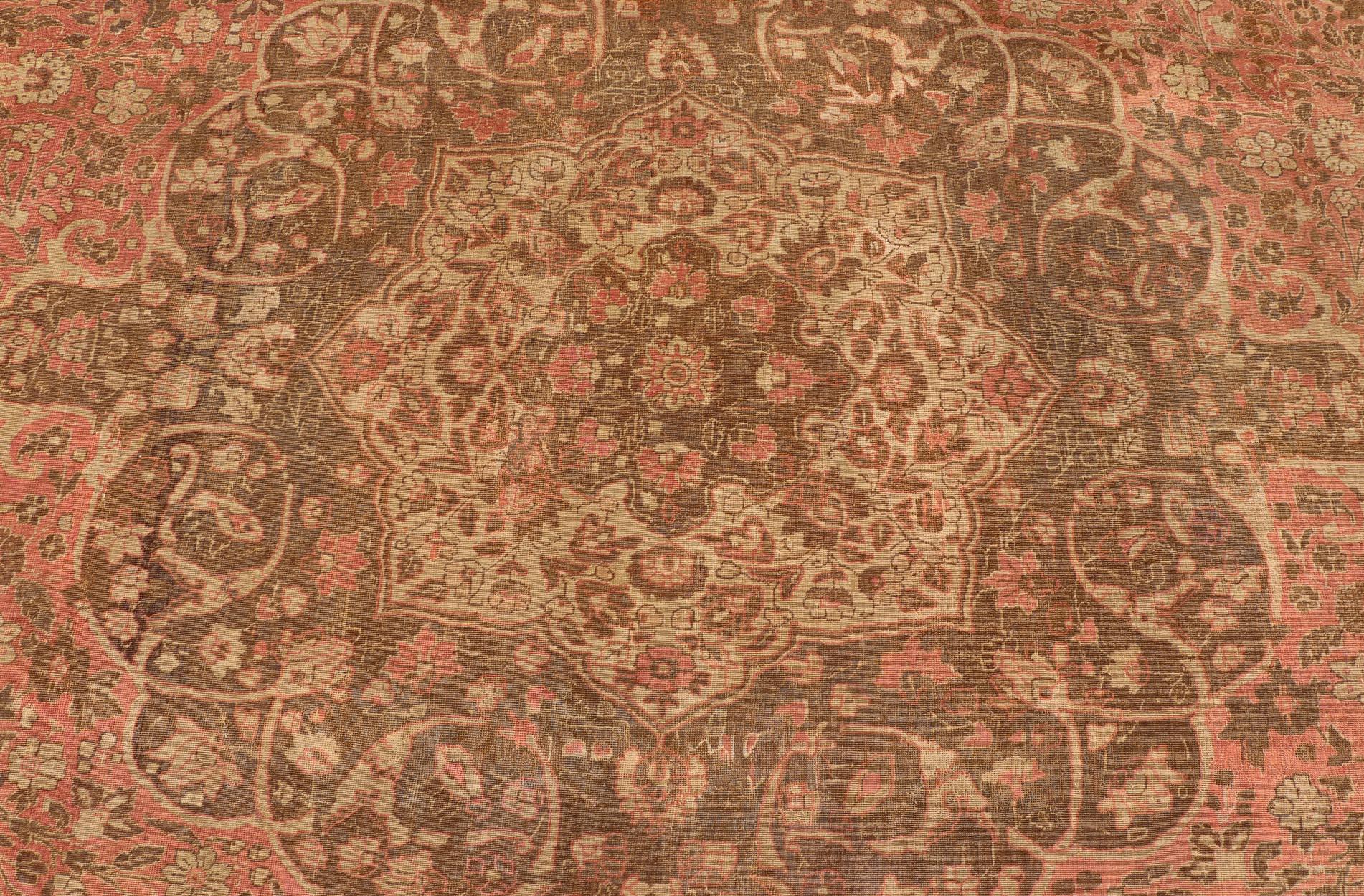 Antique Medallion Tabriz Carpet in Pink, Light Brown, Camel, Taupe, and Salmon For Sale 7