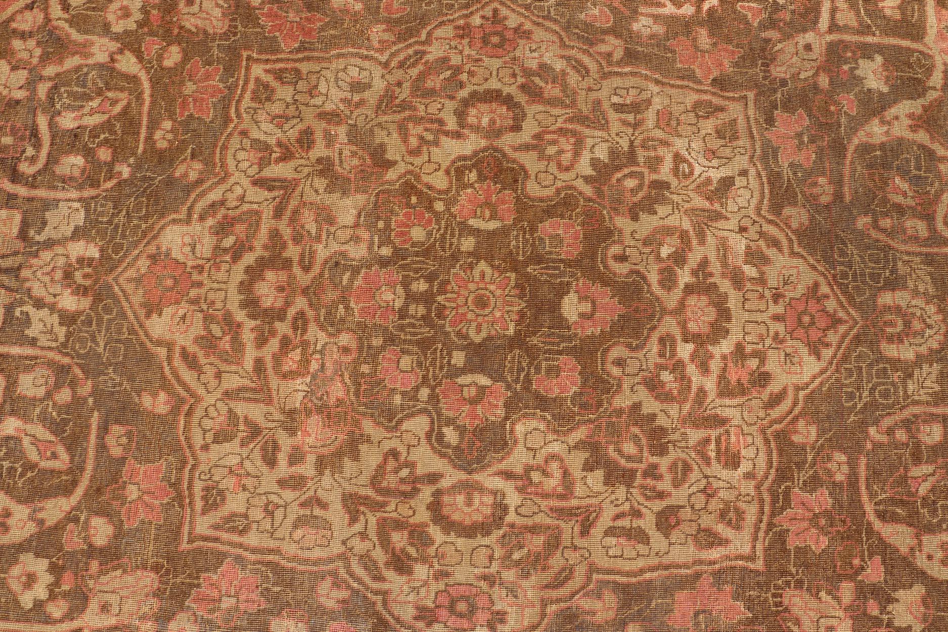 Antique Medallion Tabriz Carpet in Pink, Light Brown, Camel, Taupe, and Salmon For Sale 8
