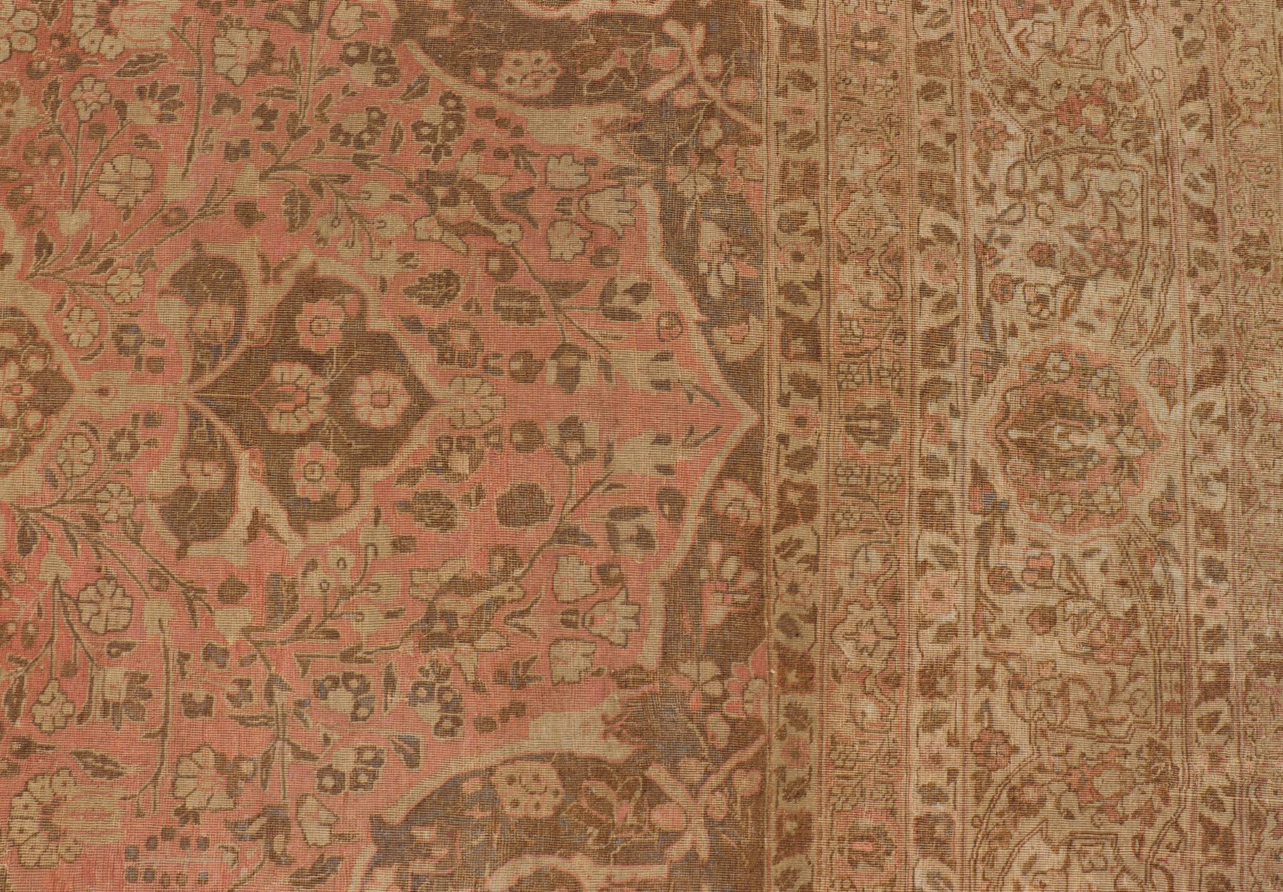 Antique Medallion Tabriz Carpet in Pink, Light Brown, Camel, Taupe, and Salmon For Sale 9
