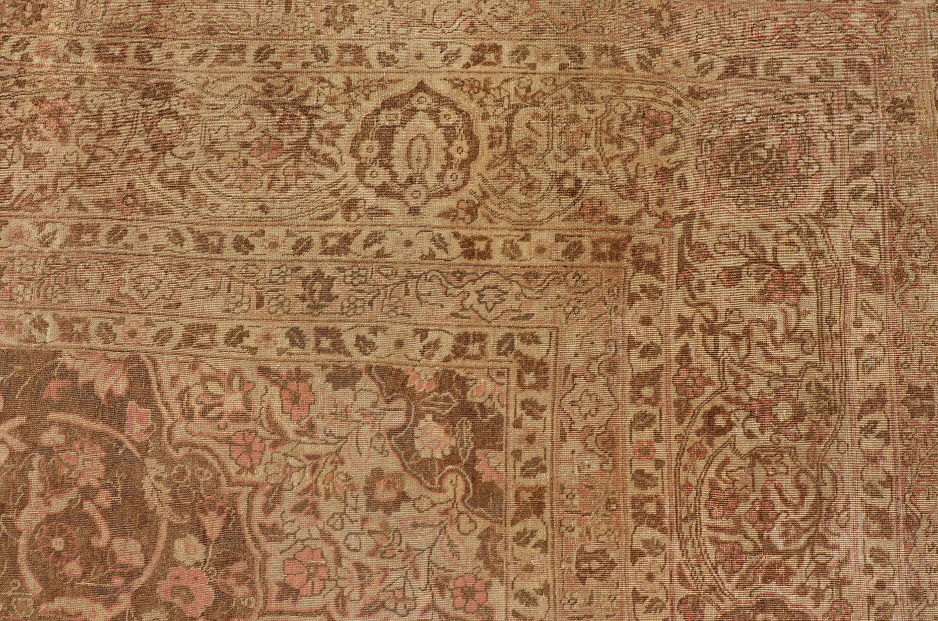 Antique Medallion Tabriz Carpet in Pink, Light Brown, Camel, Taupe, and Salmon For Sale 10