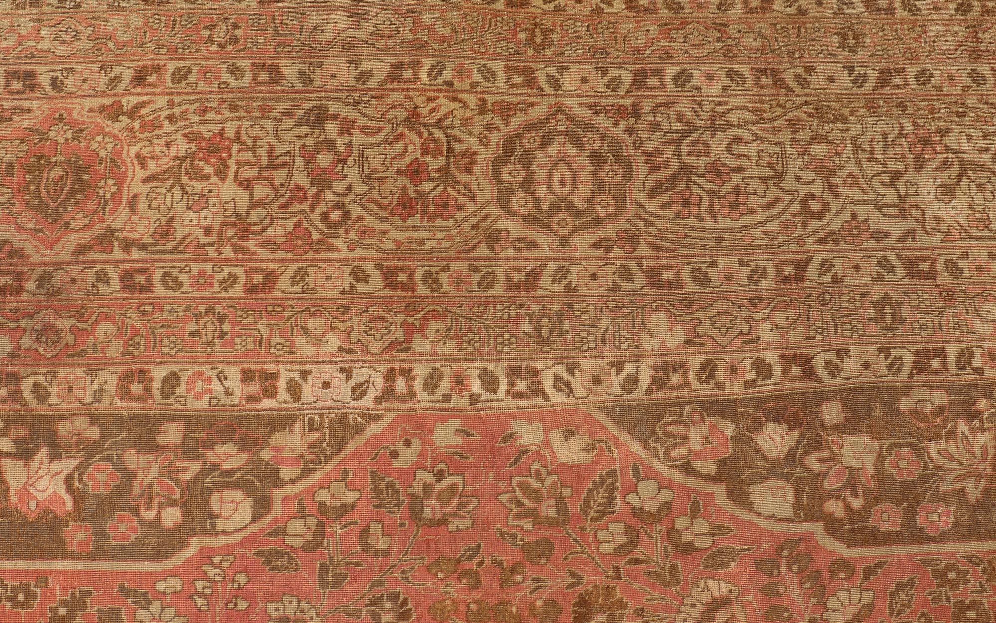 Antique Medallion Tabriz Carpet in Pink, Light Brown, Camel, Taupe, and Salmon For Sale 11