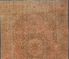 Antique Medallion Tabriz Carpet in Pink, Light Brown, Camel, Taupe, and Salmon