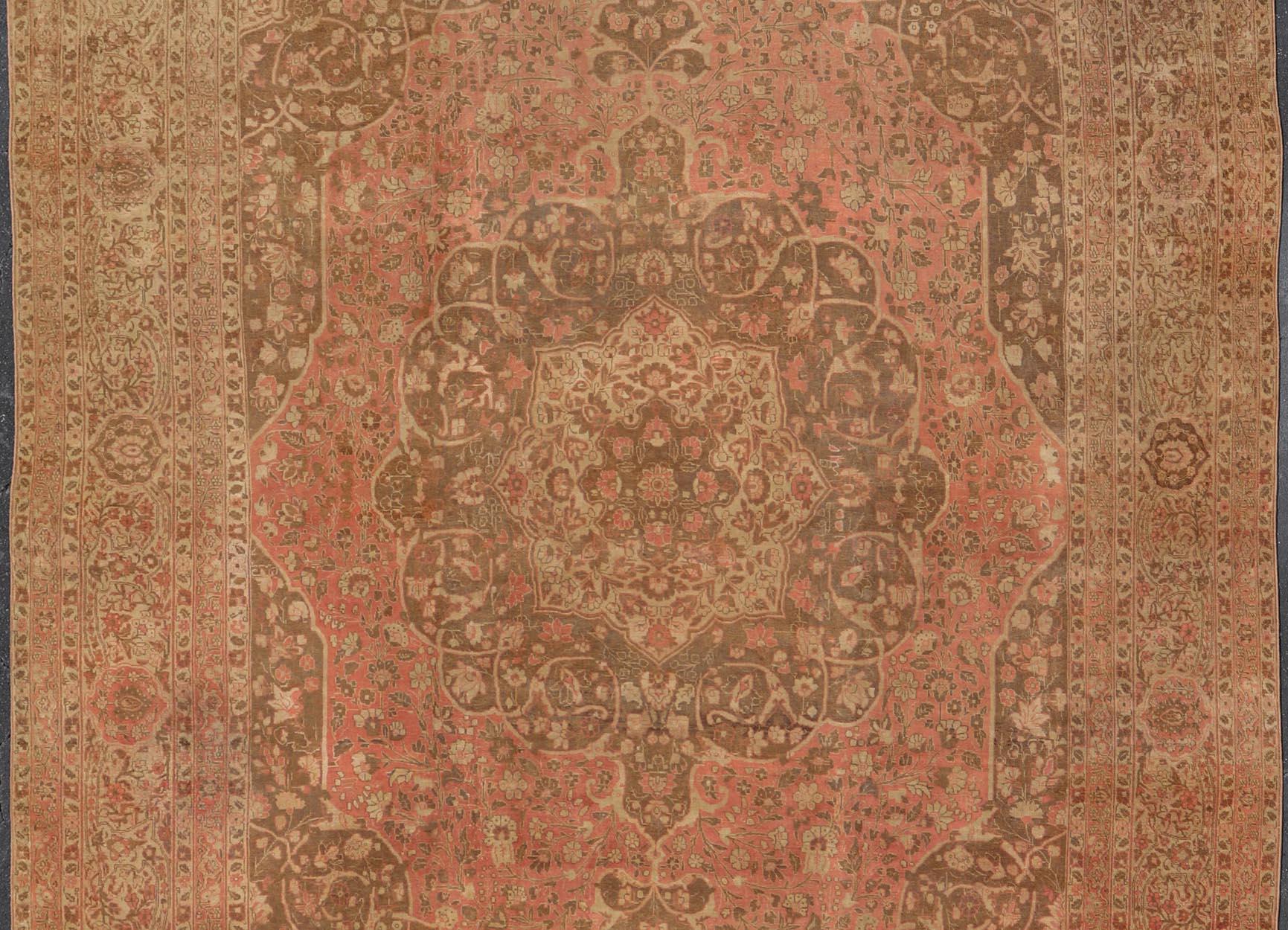 Persian Antique Medallion Tabriz Carpet in Pink, Light Brown, Camel, Taupe, and Salmon For Sale