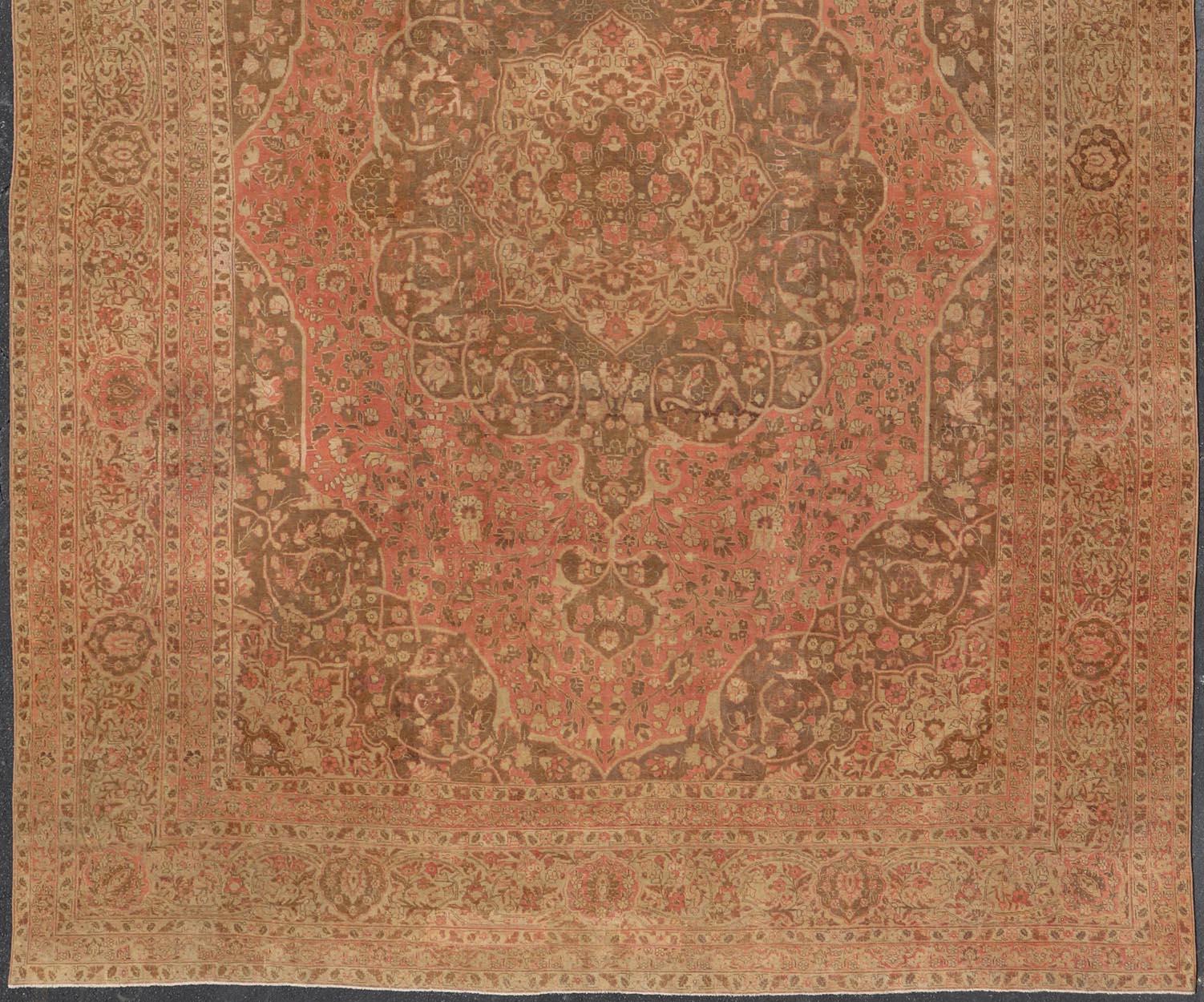 Hand-Knotted Antique Medallion Tabriz Carpet in Pink, Light Brown, Camel, Taupe, and Salmon For Sale
