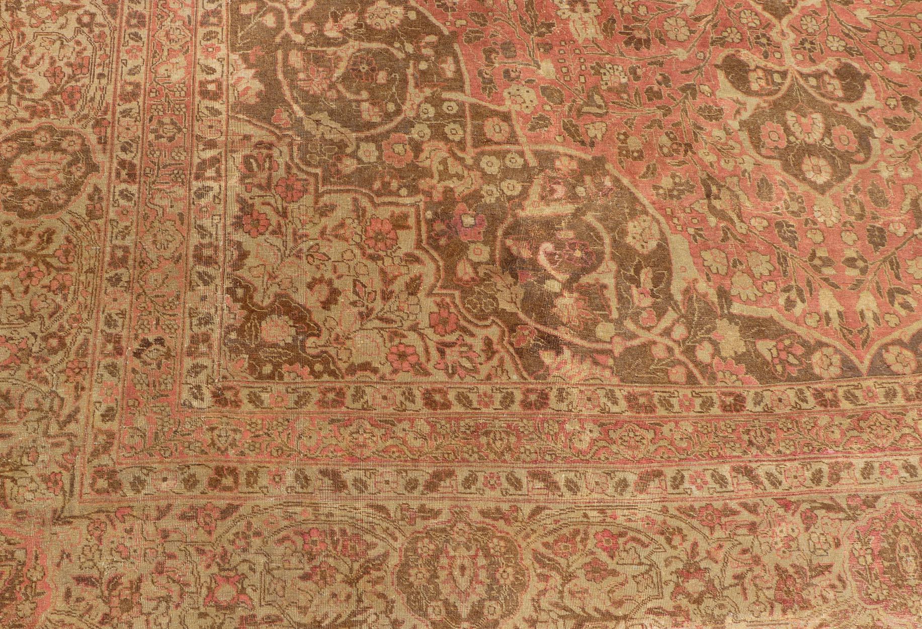 Antique Medallion Tabriz Carpet in Pink, Light Brown, Camel, Taupe, and Salmon In Good Condition For Sale In Atlanta, GA