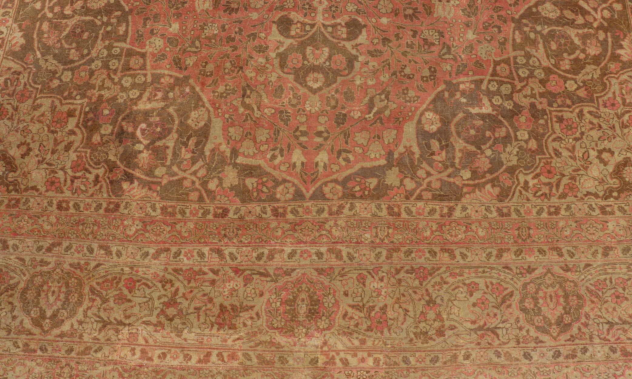 19th Century Antique Medallion Tabriz Carpet in Pink, Light Brown, Camel, Taupe, and Salmon For Sale