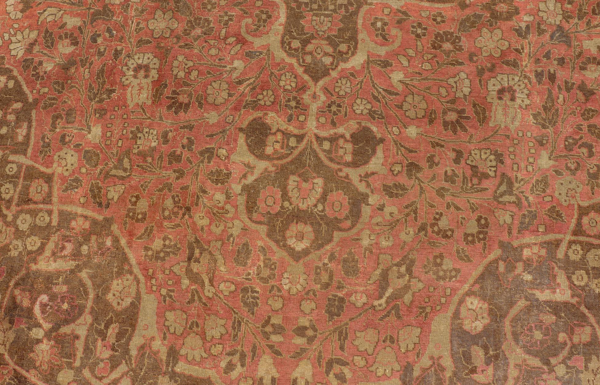 Wool Antique Medallion Tabriz Carpet in Pink, Light Brown, Camel, Taupe, and Salmon For Sale