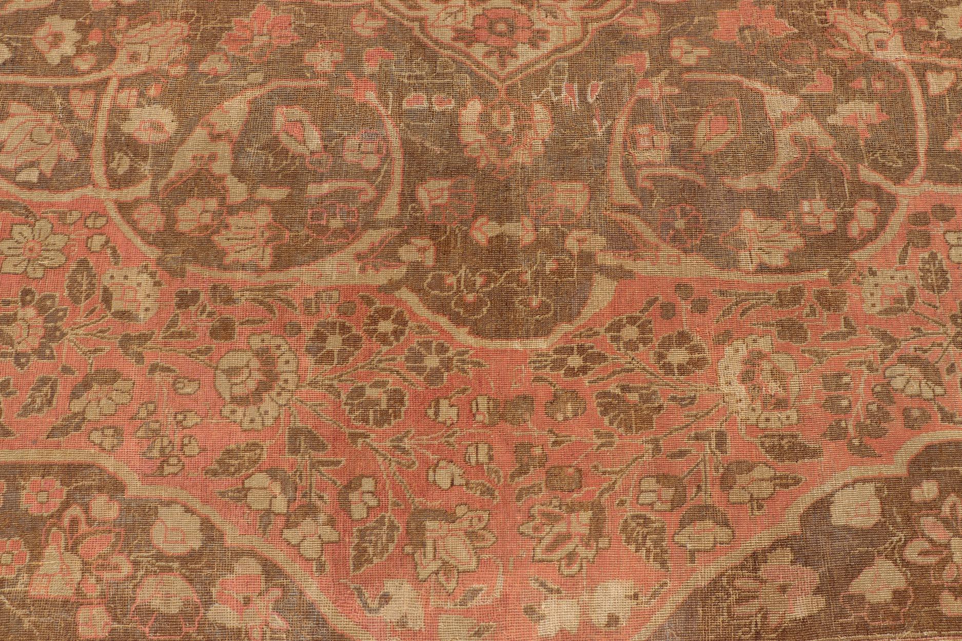 Antique Medallion Tabriz Carpet in Pink, Light Brown, Camel, Taupe, and Salmon For Sale 1