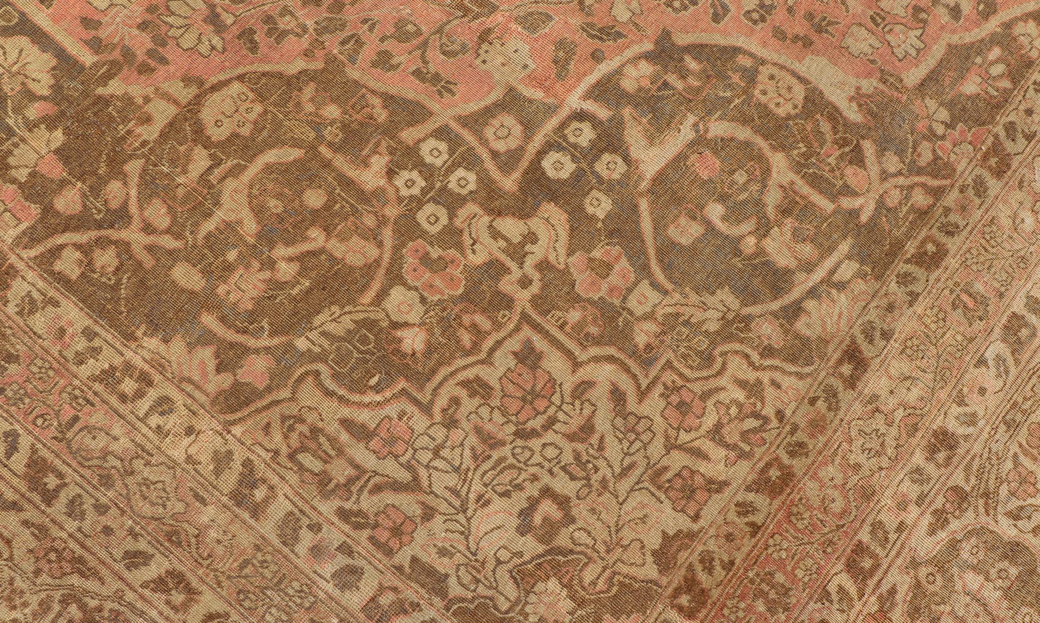 Antique Medallion Tabriz Carpet in Pink, Light Brown, Camel, Taupe, and Salmon For Sale 2