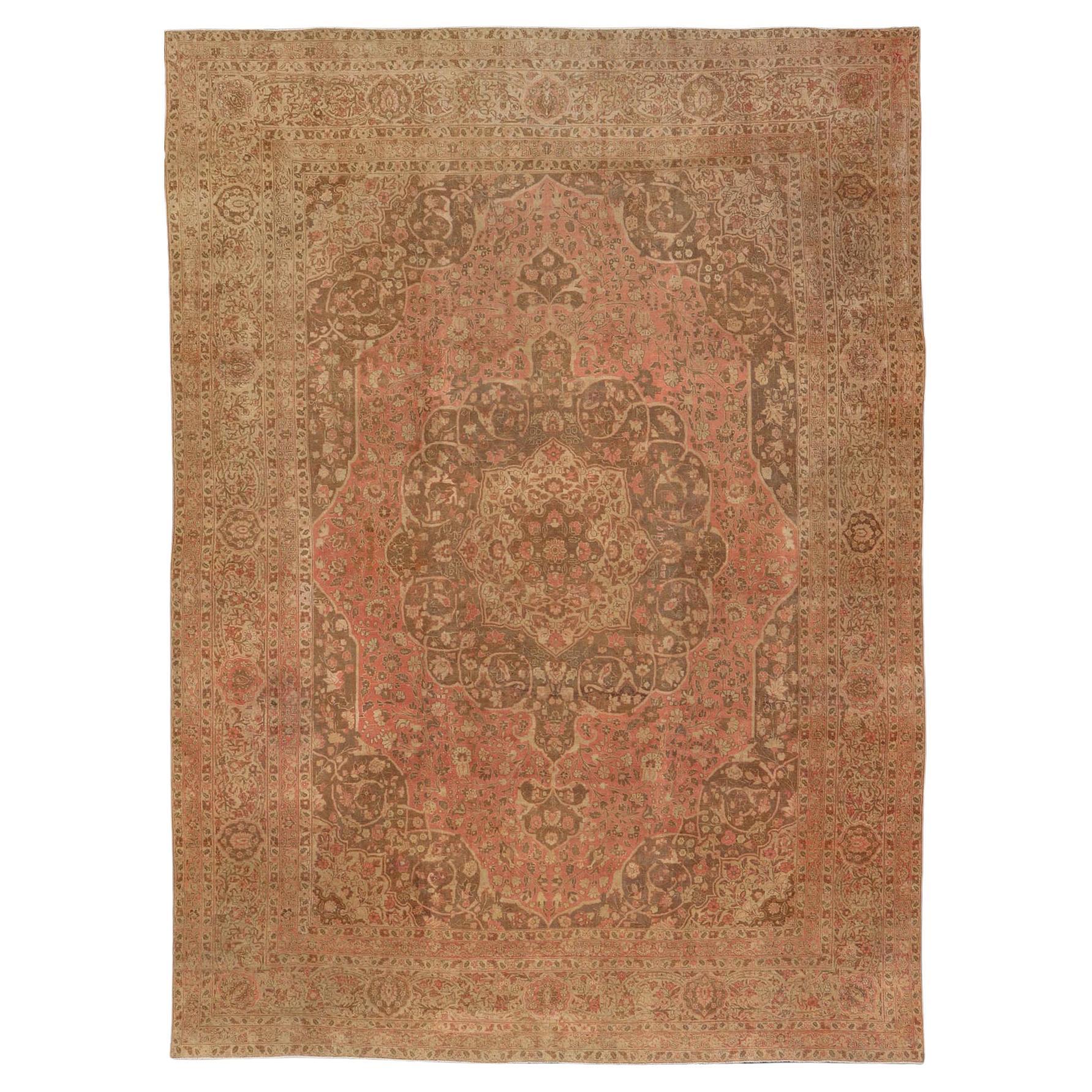 Antique Medallion Tabriz Carpet in Pink, Light Brown, Camel, Taupe, and Salmon For Sale