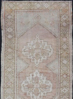 Antique Medallion Turkish Oushak Runner in Light Mocha, Coral, Brown & Lt. Blue