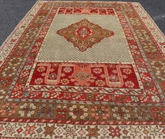 Antique Medallion Turkish Small Oushak Carpet in Various Green Tones & Red