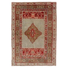 Antique Medallion Turkish Small Oushak Carpet in Various Green Tones & Red