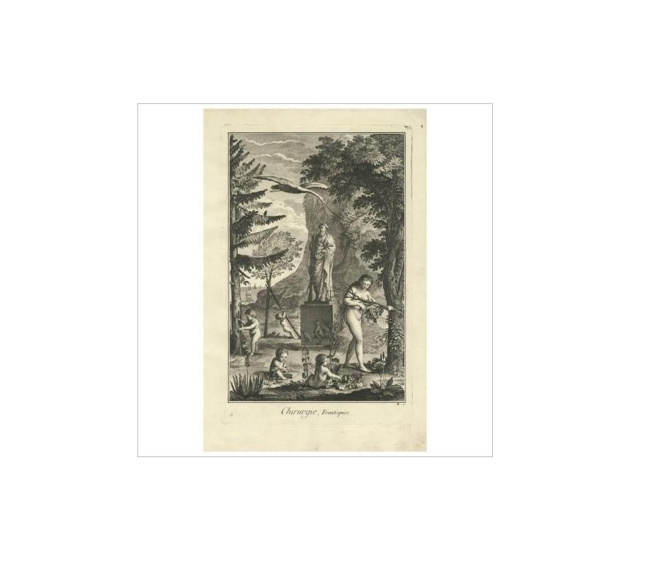 Antique print titled 'Chirurgie, Frontispice.' (Surgery, frontispiece). This plate shows Hippocrates with a Rod of Asclepius, a naked woman cutting a branch, young children playing, a stork flying over, a rooster depicted on the pedestal, trees and