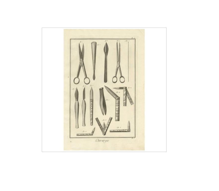 Plate I: 'Chirurgie'. (Surgery.) This plate shows surgical instruments. Like scissors, scalpels, pincer, spatula and lancets. This print originates from 'Encyclopédie (..)' by D. Diderot. Published, circa 1760.