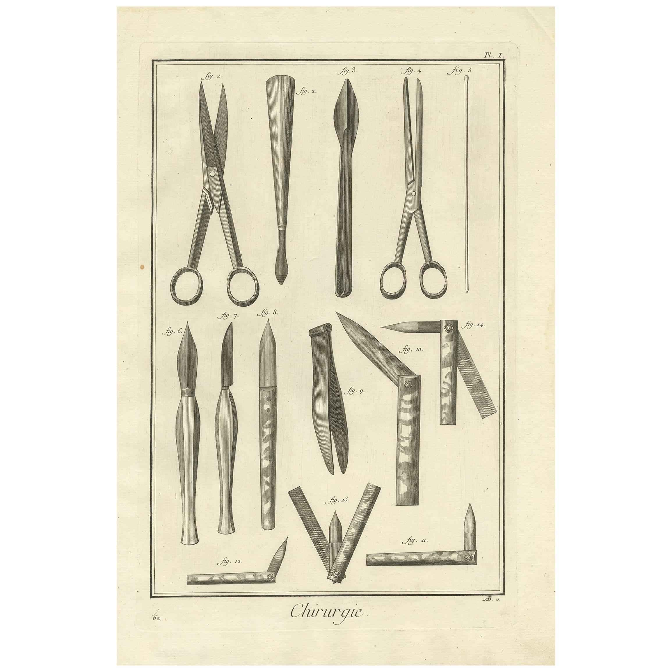 Antique Medical Print with Surgical Instruments by D. Diderot, circa 1760 For Sale