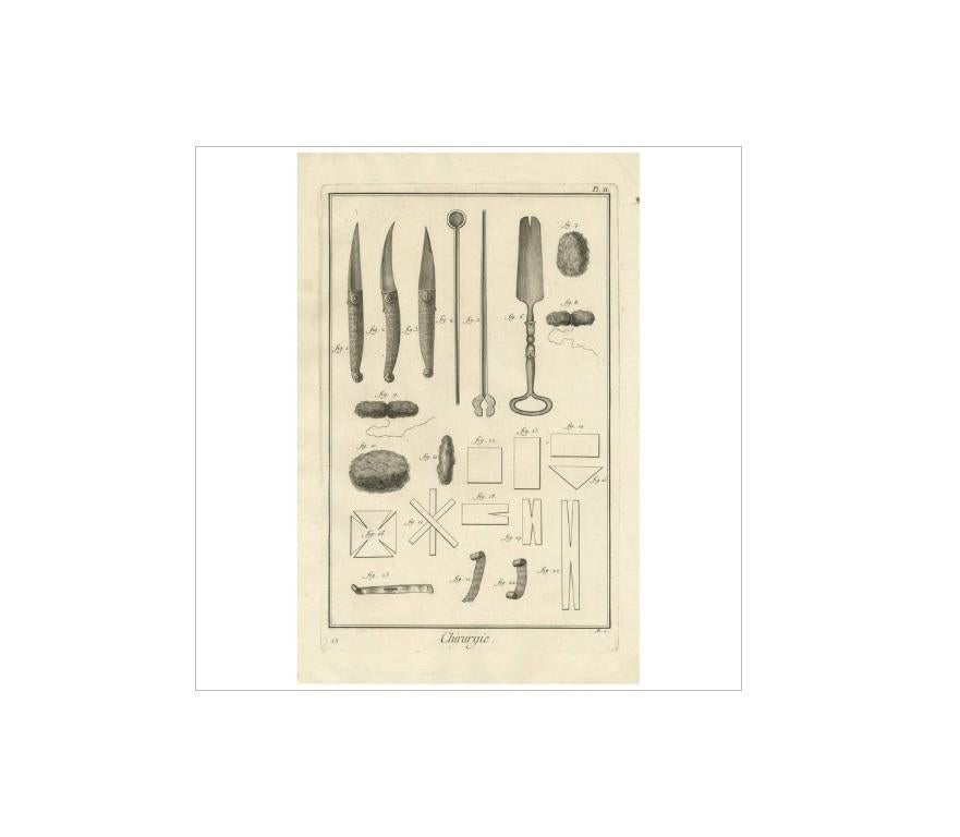 Plate II: 'Chirurgie'. (Surgery.) This plate shows surgical instruments, bandages, dressings etc. This print originates from 'Encyclopédie (..)' by D. Diderot. Published, circa 1760.
