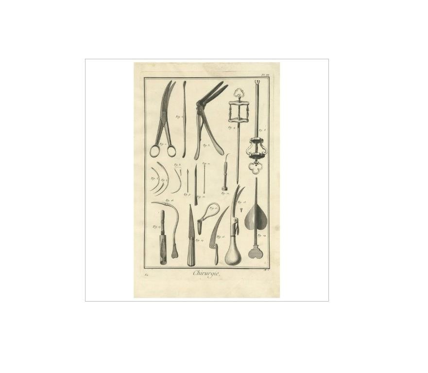 Plate III: 'Chirurgie'. (Surgery.) This plate shows surgical instruments like scissors, speculum, curette, needles, scalpel etc. This print originates from 'Encyclopédie (..)' by D. Diderot. Published circa 1760.