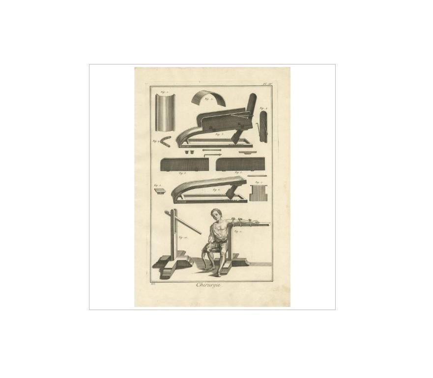 Plate IV: 'Chirurgie'. (Surgery.) This plate shows medical instruments like tools for treating fractures. This print originates from 'Encyclopédie (..)' by D. Diderot. Published, circa 1760.