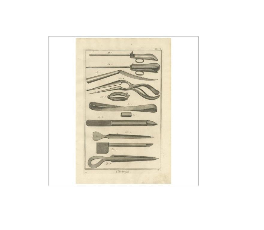 Plate IX: 'Chirurgie'. (Surgery.) This plate shows surgical / medical instruments relating to the surgery of the waist. This print originates from 'Encyclopédie (..)' by D. Diderot. Published circa 1760.