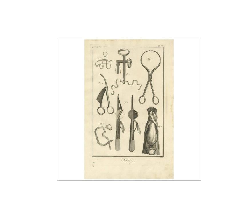 Plate VI: 'Chirurgie.' (Surgery). This plate shows surgical / medical instruments relating to surgery of rickets and hernia. This print originates from 'Encyclopédie (..)' by D. Diderot. Published, circa 1760.