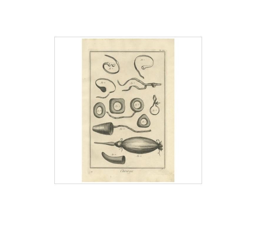 Plate VII: 'Chirurgie'. (Surgery.) This plate shows surgical / medical instruments like pessaries, syringe, dilator, belts. This print originates from 'Encyclopédie (..)' by D. Diderot. Published circa 1760.