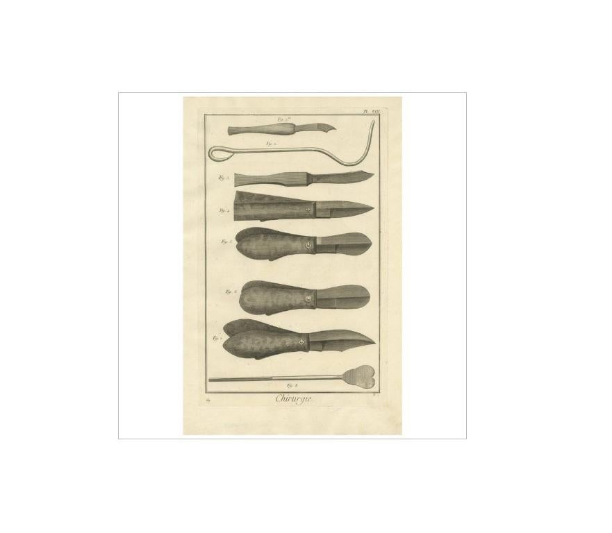 Plate VIII: 'Chirurgie'. (Surgery.) This plate shows surgical / medical instruments relating to the surgical removal of calculi or stones inside hollow organs. This print originates from 'Encyclopédie (..)' by D. Diderot. Published, circa 1760.