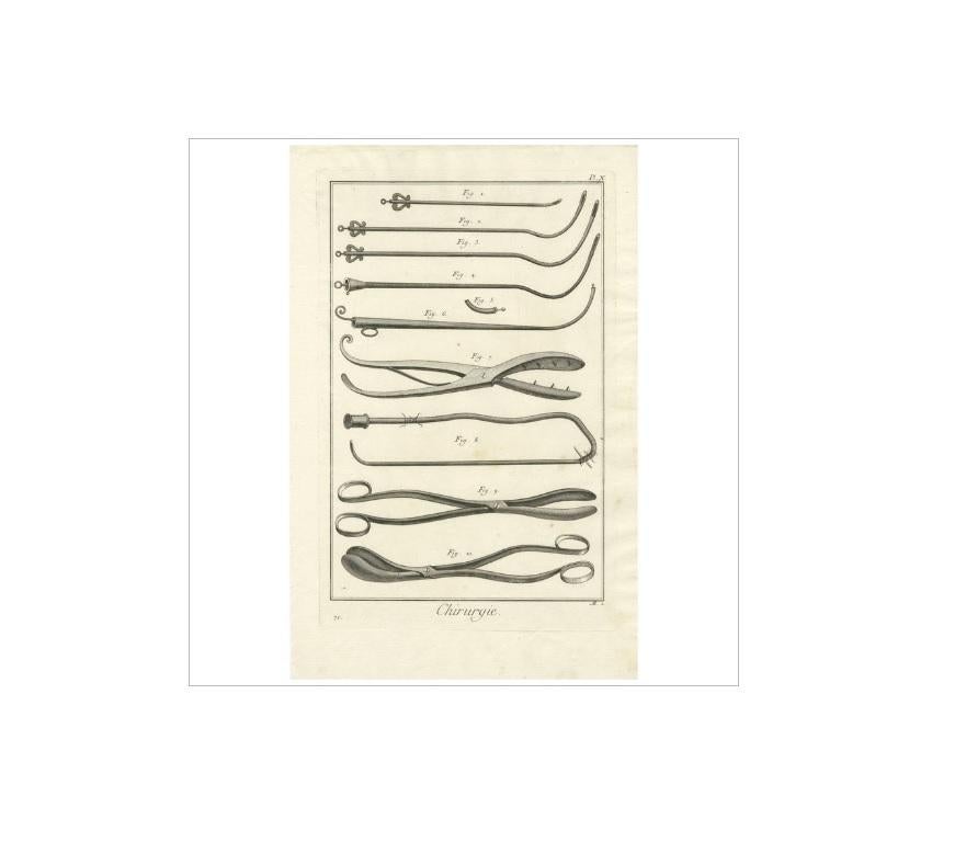 Plate X: 'Chirurgie'. (Surgery.) This plate shows surgical / medical instruments relating to the surgery of the waist. This print originates from 'Encyclopédie (..)' by D. Diderot. Published, circa 1760.