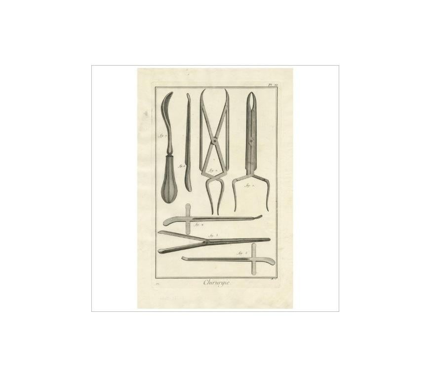Plate XI: 'Chirurgie'. (Surgery.) This plate shows surgical / medical instruments relating to the surgery of the waist. This print originates from 'Encyclopédie (..)' by D. Diderot. Published circa 1760.