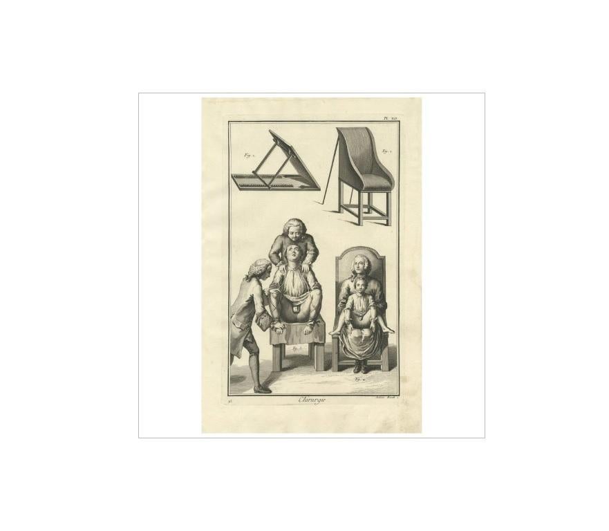 Plate XII: 'Chirurgie'. (Surgery.) This plate shows a sick man and child to be operated on. This print originates from 'Encyclopédie (..)' by D. Diderot. Published, circa 1760.