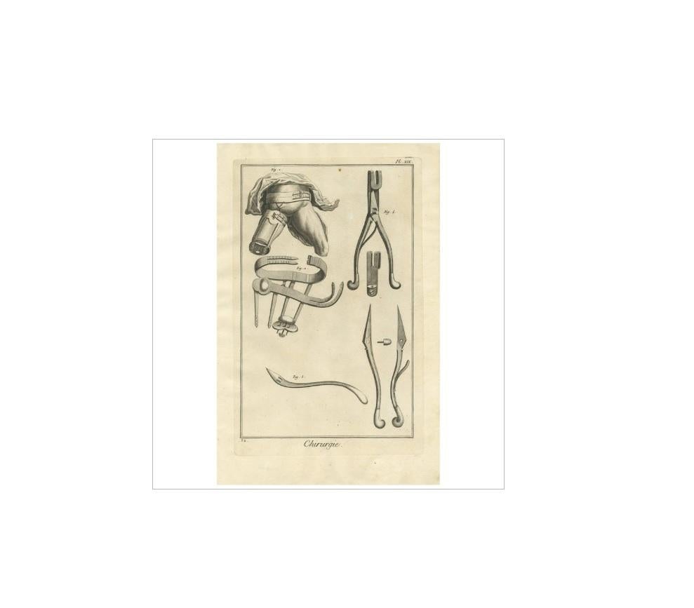 Piastra XIX : 'Chirurgie'. (Chirurgia.) Questa lastra mostra strumenti/dispositivi chirurgici come forbici e un dispositivo per fermare l'emorragia. Questa stampa proviene da 