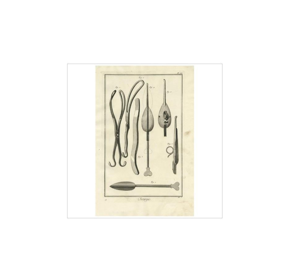 Plate XV: 'Chirurgie.' (Surgery). This plate shows surgical instruments used in surgery of the female abdomen. This print originates from 'Encyclopédie (..)' by D. Diderot. Published circa 1760.