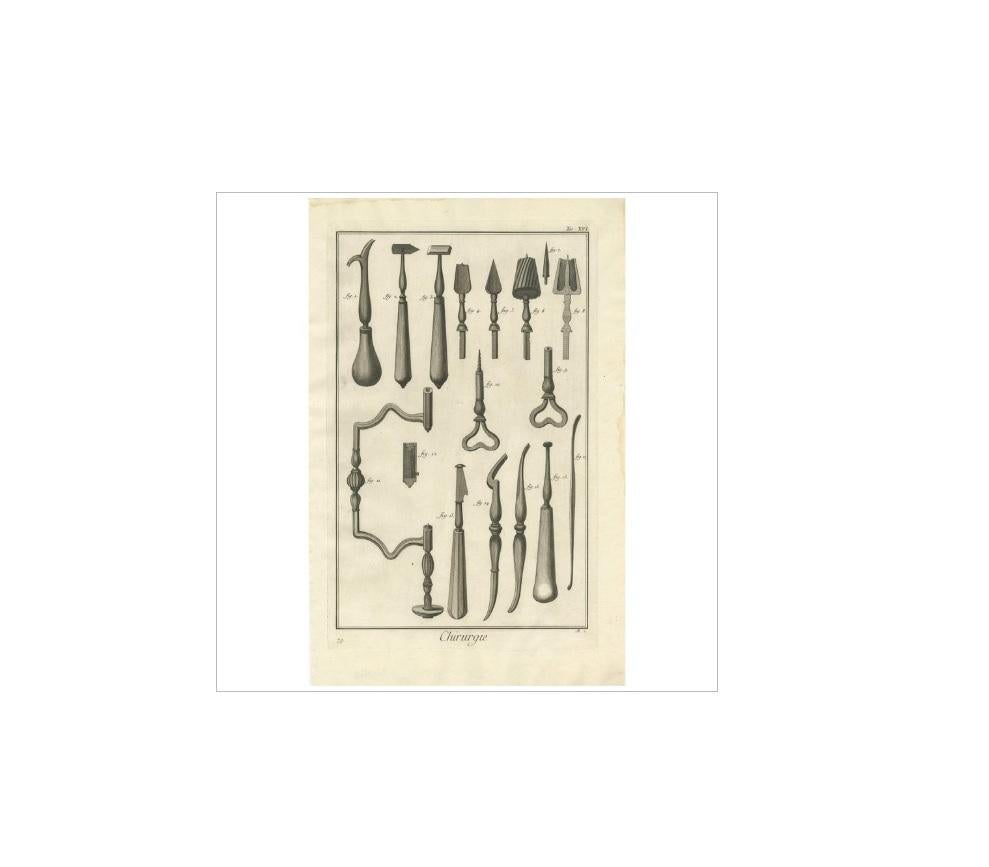 Pl. XVI: 'Chirurgie.' (Surgery). This plate shows surgical instruments used in surgery of the skull / trepanning. This print originates from 'Encyclopédie (..)' by D. Diderot. Published circa 1760.