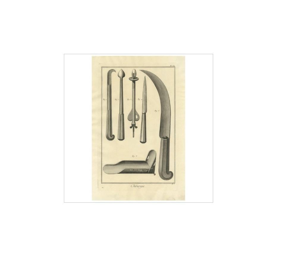 Plate XX: 'Chirurgie'. (Surgery.) This plate shows surgical instruments, knives. This print originates from 'Encyclopédie (..)' by D. Diderot. Published, circa 1760.